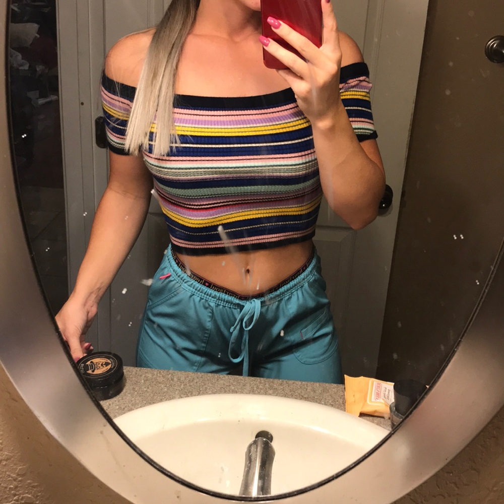 Off the shoulder, multi-color shirt